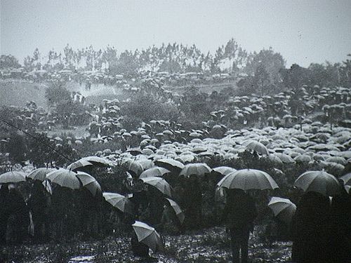 Photo of thousands of people with umbrellas open just before the miracle of the sun took place, Portugal